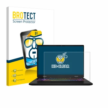 Vorderseite einer Produktverpackung mit dem Markenlogo BROTECT. Daneben ist das Gerät MSI Vector 16 HX AI mit dem zugehörigen 