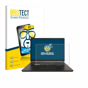 Vorderseite einer Produktverpackung mit dem Markenlogo BROTECT. Daneben ist das Gerät MSI Vector 17 HX mit dem zugehörigen Dis