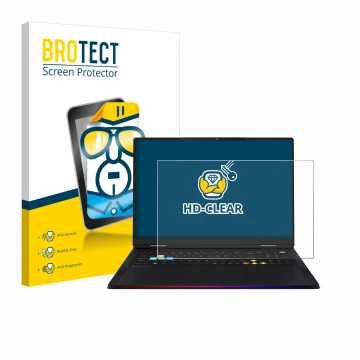 Vorderseite einer Produktverpackung mit dem Markenlogo BROTECT. Daneben ist das Gerät MSI Raider 18 HX AI 2025 mit dem zugehör
