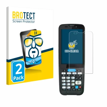 Vorderseite einer Produktverpackung mit dem Markenlogo BROTECT. Daneben ist das Gerät Unitech HT330 mit dem zugehörigen Displa