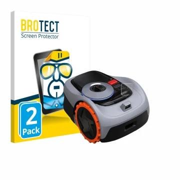 Vorderseite einer Produktverpackung mit dem Markenlogo BROTECT. Daneben ist das Gerät Navimow i105E+ mit dem zugehörigen Displ