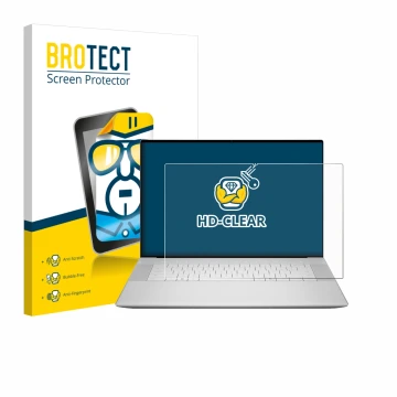 Vorderseite einer Produktverpackung mit dem Markenlogo BROTECT. Daneben ist das Gerät Dell 16 Premium Laptop mit dem zugehörig