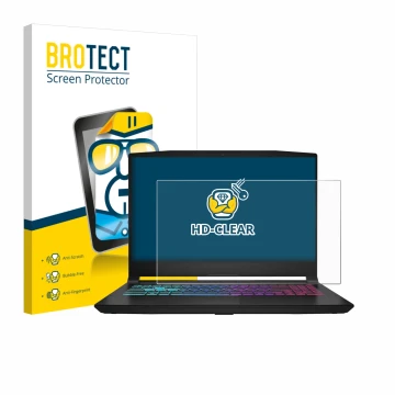 Vorderseite einer Produktverpackung mit dem Markenlogo BROTECT. Daneben ist das Gerät MSI Katana 15 HX B14 mit dem zugehörigen
