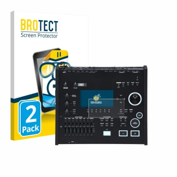 Vorderseite einer Produktverpackung mit dem Markenlogo BROTECT. Daneben ist das Gerät Roland V71 mit dem zugehörigen Displaysc