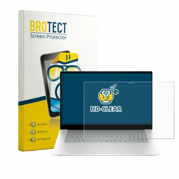 Vorderseite einer Produktverpackung mit dem Markenlogo BROTECT. Daneben ist das Gerät HP OmniBook X 17-de0776ngx mit dem zugeh