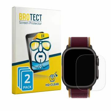 Vorderseite einer Produktverpackung mit dem Markenlogo BROTECT. Daneben ist das Gerät Apple Watch Ultra 4 (49 mm) mit dem zuge