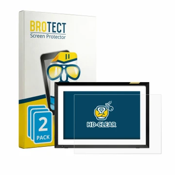 Vorderseite einer Produktverpackung mit dem Markenlogo BROTECT. Daneben ist das Gerät Nixplay Klassischer 10.1