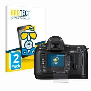 Vorderseite einer Produktverpackung mit dem Markenlogo BROTECT. Daneben ist das Gerät Nikon D70 mit dem zugehörigen Displaysch