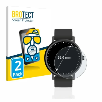 Vorderseite einer Produktverpackung mit dem Markenlogo BROTECT. Daneben ist das Gerät Armbanduhren (Kreisrund, ø: 38 mm) mit d