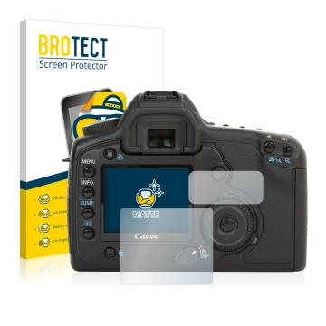 Vorderseite einer Produktverpackung mit dem Markenlogo BROTECT. Daneben ist das Gerät Canon EOS 5D mit dem zugehörigen Display