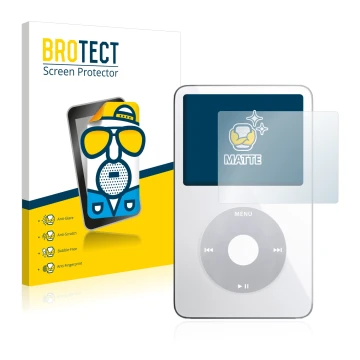 Vorderseite einer Produktverpackung mit dem Markenlogo BROTECT. Daneben ist das Gerät Apple iPod classic video Display (5. Gen