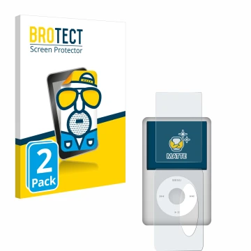 Vorderseite einer Produktverpackung mit dem Markenlogo BROTECT. Daneben ist das Gerät Apple iPod Classic (Display+Rückseite, 5