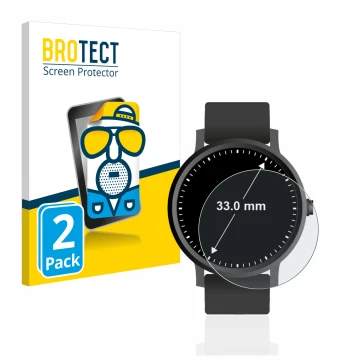 Vorderseite einer Produktverpackung mit dem Markenlogo BROTECT. Daneben ist das Gerät Armbanduhren (Kreisrund, ø: 33 mm) mit d