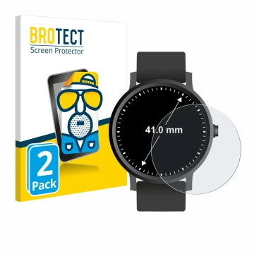 Vorderseite einer Produktverpackung mit dem Markenlogo BROTECT. Daneben ist das Gerät Armbanduhren (Kreisrund, ø: 41 mm) mit d