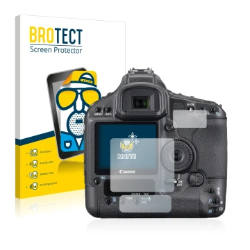 Vorderseite einer Produktverpackung mit dem Markenlogo BROTECT. Daneben ist das Gerät Canon EOS 1Ds Mark III mit dem zugehörig