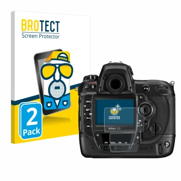 Vorderseite einer Produktverpackung mit dem Markenlogo BROTECT. Daneben ist das Gerät Nikon D3 mit dem zugehörigen Displayschu
