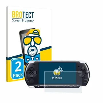 Vorderseite einer Produktverpackung mit dem Markenlogo BROTECT. Daneben ist das Gerät Sony PSP 3000 mit dem zugehörigen Displa