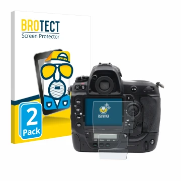 Vorderseite einer Produktverpackung mit dem Markenlogo BROTECT. Daneben ist das Gerät Nikon D3x mit dem zugehörigen Displaysch