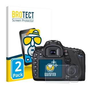 Vorderseite einer Produktverpackung mit dem Markenlogo BROTECT. Daneben ist das Gerät Canon EOS 7D mit dem zugehörigen Display
