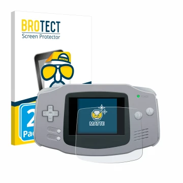 Vorderseite einer Produktverpackung mit dem Markenlogo BROTECT. Daneben ist das Gerät Nintendo Gameboy Advance GBA mit dem zug