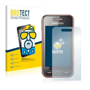 Vorderseite einer Produktverpackung mit dem Markenlogo BROTECT. Daneben ist das Gerät Samsung GT-S5230 mit dem zugehörigen Dis