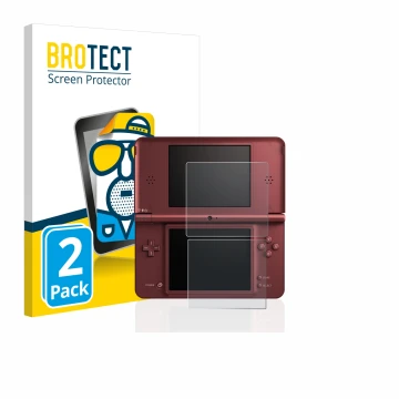 Vorderseite einer Produktverpackung mit dem Markenlogo BROTECT. Daneben ist das Gerät Nintendo DSi XL mit dem zugehörigen Disp