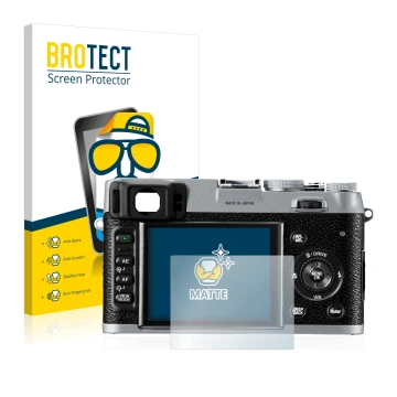 Vorderseite einer Produktverpackung mit dem Markenlogo BROTECT. Daneben ist das Gerät Fujifilm FinePix X100 mit dem zugehörige
