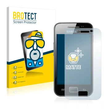 Vorderseite einer Produktverpackung mit dem Markenlogo BROTECT. Daneben ist das Gerät Samsung Galaxy Ace S5830 mit dem zugehör