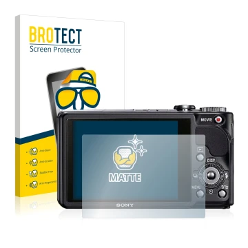 Vorderseite einer Produktverpackung mit dem Markenlogo BROTECT. Daneben ist das Gerät Sony Cyber-Shot DSC-HX9V mit dem zugehör