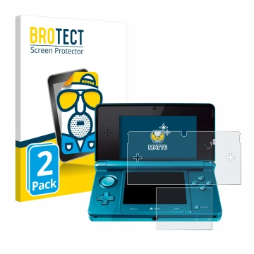 Vorderseite einer Produktverpackung mit dem Markenlogo BROTECT. Daneben ist das Gerät Nintendo 3DS mit dem zugehörigen Display