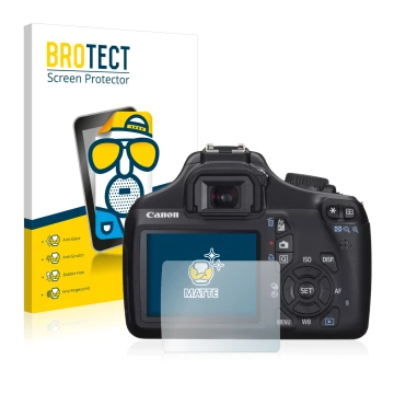 Vorderseite einer Produktverpackung mit dem Markenlogo BROTECT. Daneben ist das Gerät Canon EOS 1100D mit dem zugehörigen Disp