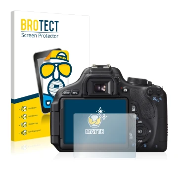 Vorderseite einer Produktverpackung mit dem Markenlogo BROTECT. Daneben ist das Gerät Canon EOS 600D mit dem zugehörigen Displ