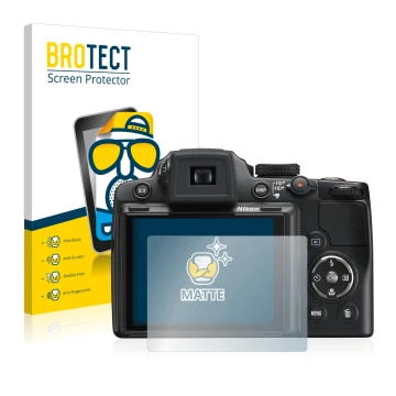 Vorderseite einer Produktverpackung mit dem Markenlogo BROTECT. Daneben ist das Gerät Nikon Coolpix P500 mit dem zugehörigen D
