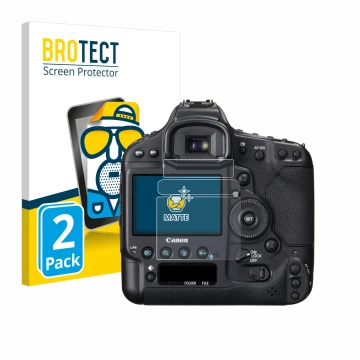 Vorderseite einer Produktverpackung mit dem Markenlogo BROTECT. Daneben ist das Gerät Canon EOS 1D X mit dem zugehörigen Displ