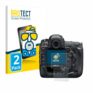 Vorderseite einer Produktverpackung mit dem Markenlogo BROTECT. Daneben ist das Gerät Nikon D4 mit dem zugehörigen Displayschu