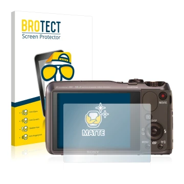 Vorderseite einer Produktverpackung mit dem Markenlogo BROTECT. Daneben ist das Gerät Sony Cyber-Shot DSC-HX20V mit dem zugehö