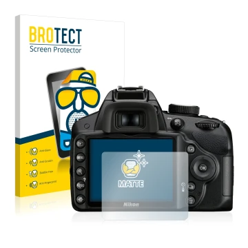 Vorderseite einer Produktverpackung mit dem Markenlogo BROTECT. Daneben ist das Gerät Nikon D3200 mit dem zugehörigen Displays