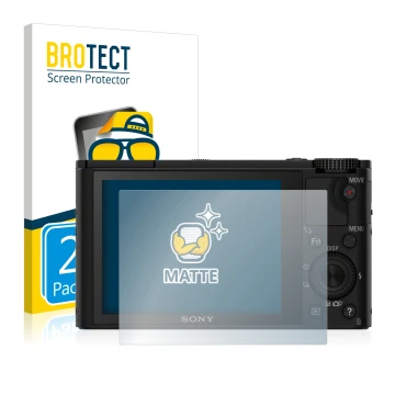 Vorderseite einer Produktverpackung mit dem Markenlogo BROTECT. Daneben ist das Gerät Sony Cyber-Shot DSC-RX100 mit dem zugehö