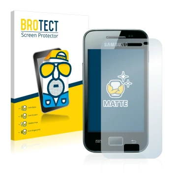 Vorderseite einer Produktverpackung mit dem Markenlogo BROTECT. Daneben ist das Gerät Samsung Galaxy Ace S5830i mit dem zugehö