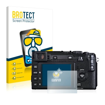 Vorderseite einer Produktverpackung mit dem Markenlogo BROTECT. Daneben ist das Gerät Fujifilm X-E1 mit dem zugehörigen Displa