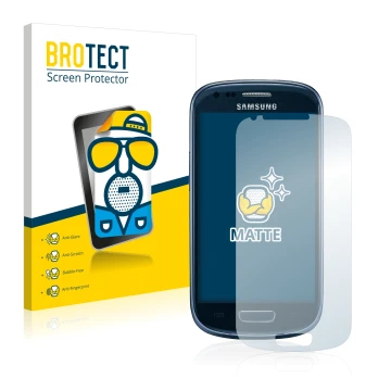 Vorderseite einer Produktverpackung mit dem Markenlogo BROTECT. Daneben ist das Gerät Samsung Galaxy S3 Mini I8190 mit dem zug