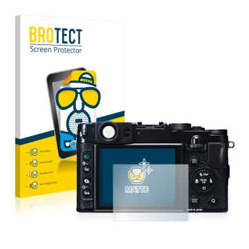 Vorderseite einer Produktverpackung mit dem Markenlogo BROTECT. Daneben ist das Gerät Fujifilm X20 mit dem zugehörigen Display