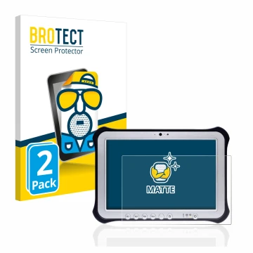 Vorderseite einer Produktverpackung mit dem Markenlogo BROTECT. Daneben ist das Gerät Panasonic Toughpad FZ-G1 mit dem zugehör