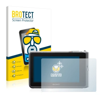 Vorderseite einer Produktverpackung mit dem Markenlogo BROTECT. Daneben ist das Gerät Sony Cyber-Shot DSC-TX30 mit dem zugehör