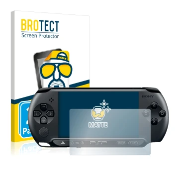 Vorderseite einer Produktverpackung mit dem Markenlogo BROTECT. Daneben ist das Gerät Sony PSP 1004 mit dem zugehörigen Displa