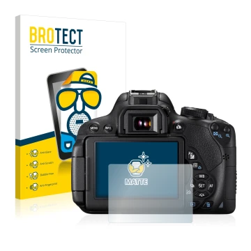 Vorderseite einer Produktverpackung mit dem Markenlogo BROTECT. Daneben ist das Gerät Canon EOS 700D mit dem zugehörigen Displ