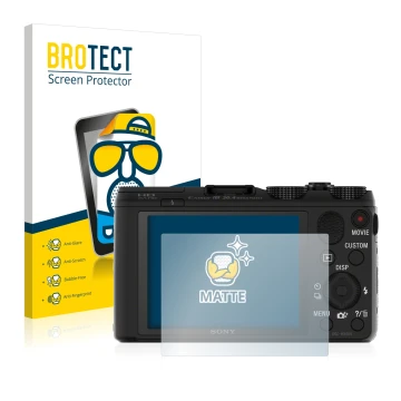 Vorderseite einer Produktverpackung mit dem Markenlogo BROTECT. Daneben ist das Gerät Sony Cyber-Shot DSC-HX50V mit dem zugehö