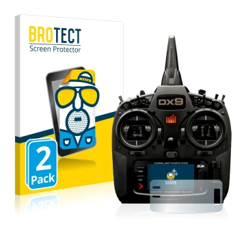 Vorderseite einer Produktverpackung mit dem Markenlogo BROTECT. Daneben ist das Gerät Spektrum DX9 mit dem zugehörigen Display