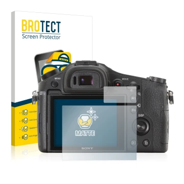 Vorderseite einer Produktverpackung mit dem Markenlogo BROTECT. Daneben ist das Gerät Sony Cyber-Shot DSC-RX10 mit dem zugehör
