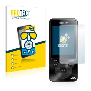 Vorderseite einer Produktverpackung mit dem Markenlogo BROTECT. Daneben ist das Gerät Sony Walkman NWZ-E585 mit dem zugehörige